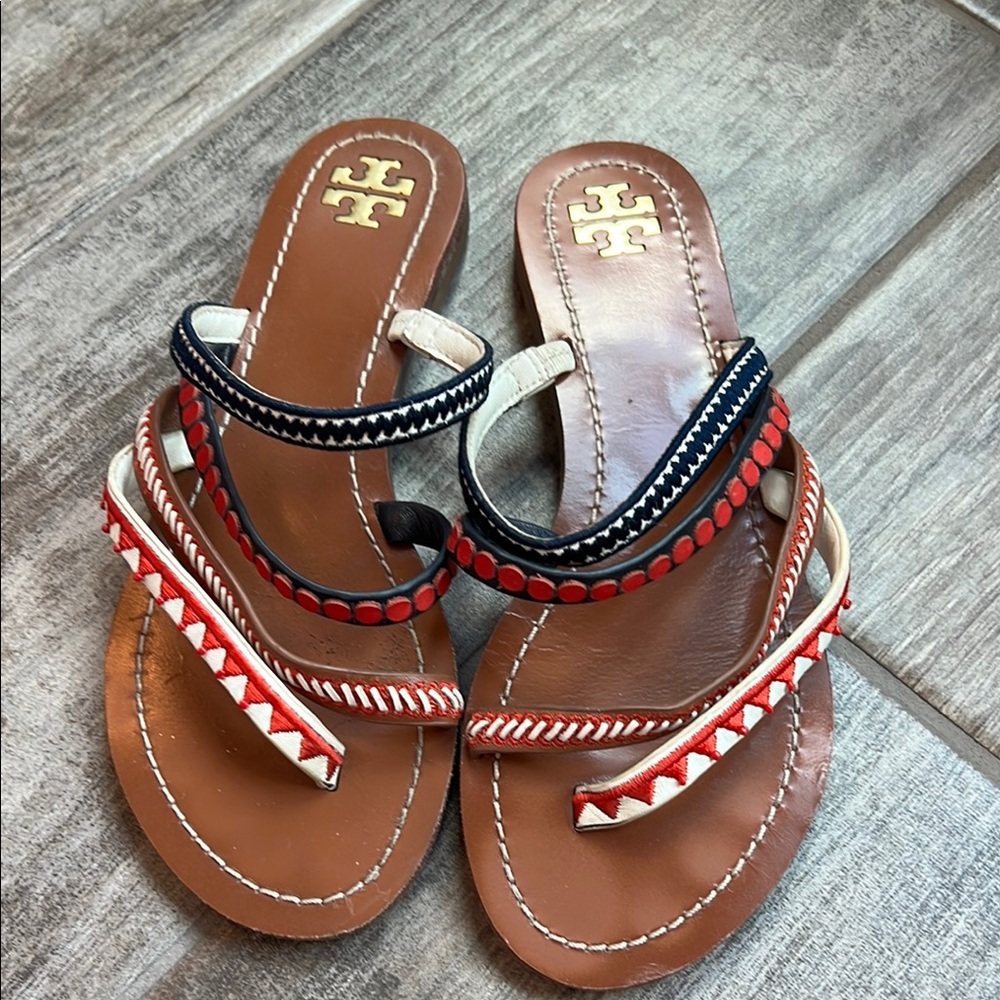 Tory Burch Brown Sandals with Red and Black Accents